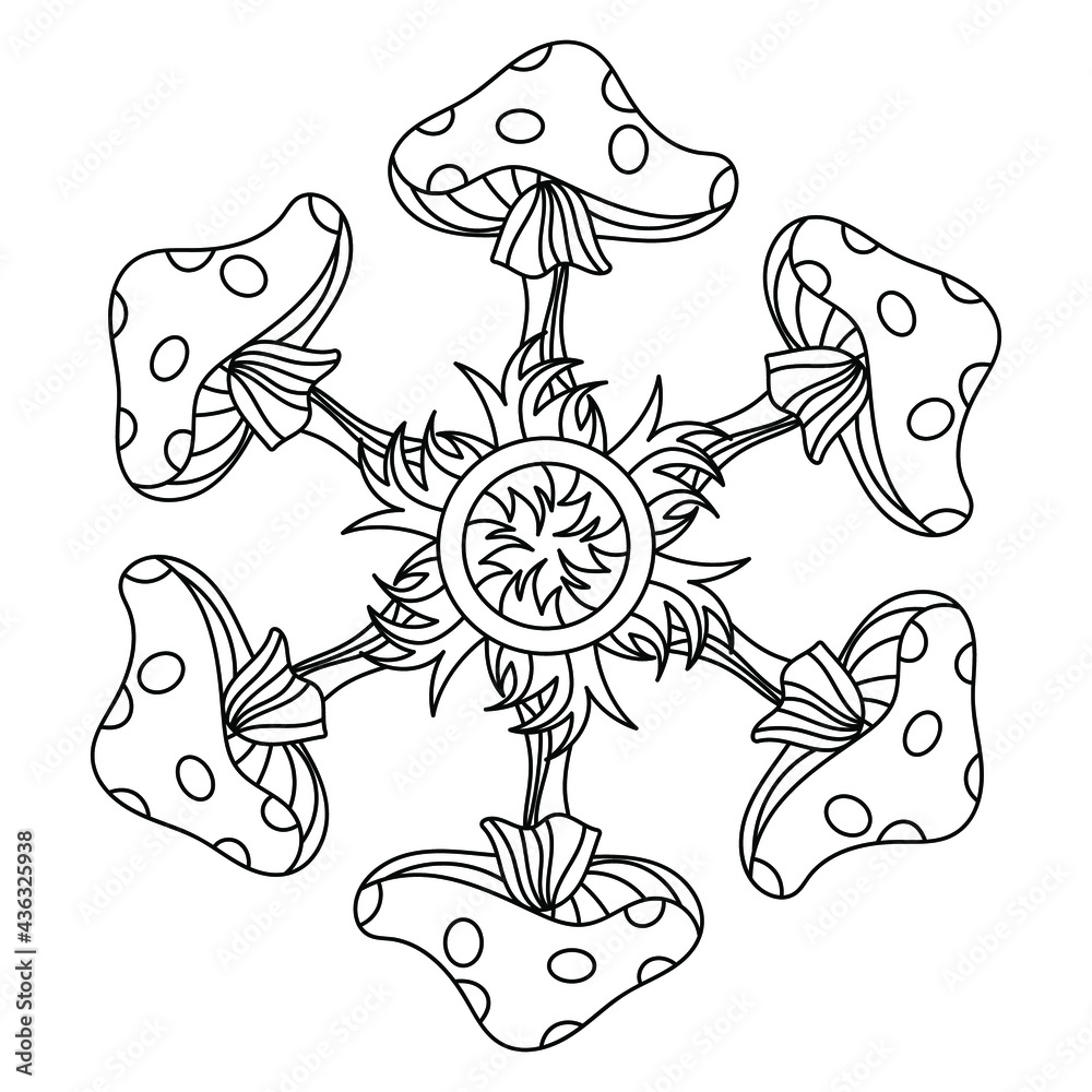 Coloring Book Page For Children Mushroom Mandala Fly Agarics Black coloring-book-page-for-children-mushroom-mandala-fly-agarics-black