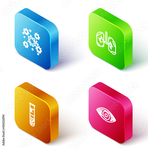 Set Isometric line Bacteria, Lungs, Test tube and flask and Reddish eye allergic conjunctivitis icon. Vector