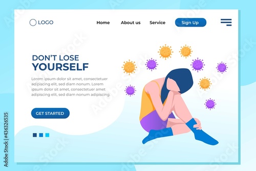 Stress woman feel anxious and lonely with virus background landing page
