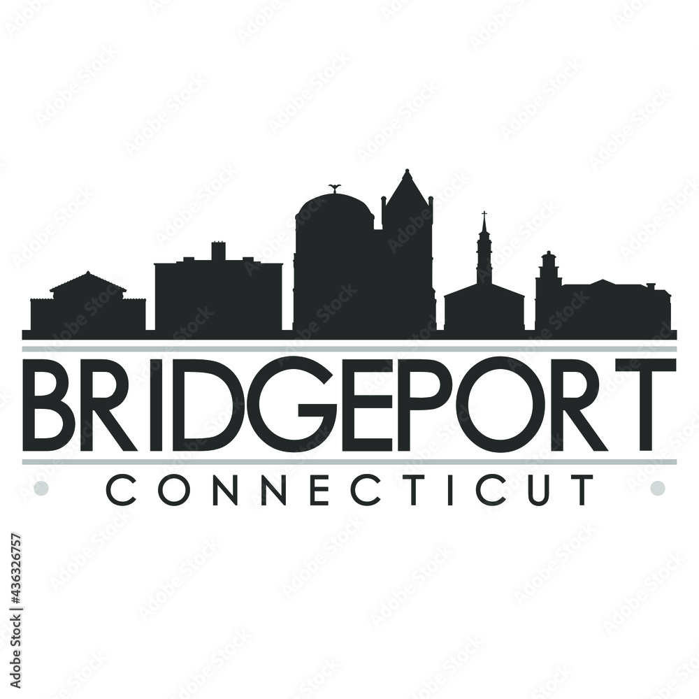 Bridgeport, CT, USA Skyline Silhouette Design. Clip Art City Vector Art Famous Buildings Scene Illustration.
