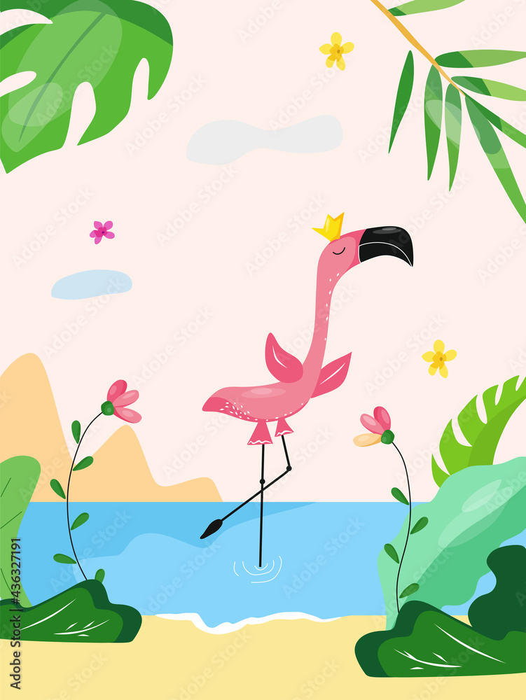 Pink flamingo stands in the water. An exotic bird. Summer vacation. Vector illustration in a flat cartoon style. Pink flamingo stands in the water. An exotic bird. Summer vacation. Vector illustration in a flat cartoon style.