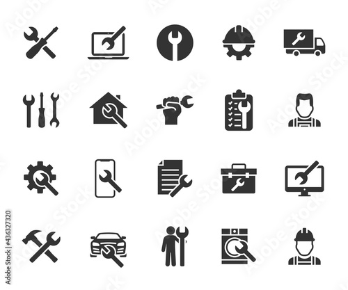Vector set of repair flat icons. Contains icons device repair, technical support, engineer, tool kit, home repair, maintenance, list works and more. Pixel perfect.