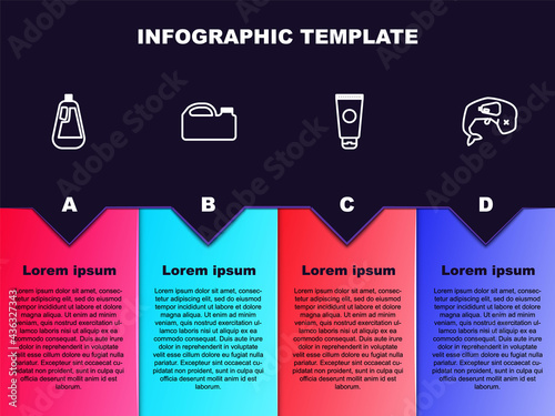 Set line Bottle for dishwashing liquid, Canister machine oil, Cream cosmetic tube and Environment protection whale dead. Business infographic template. Vector