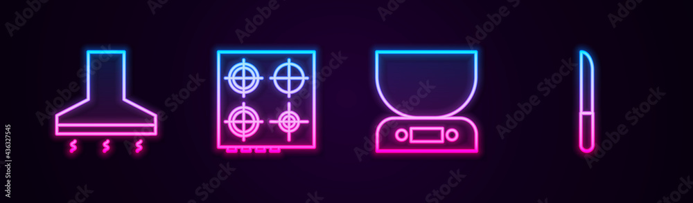 Set line Kitchen extractor fan, Gas stove, Electronic scales and Knife. Glowing neon icon. Vector Set line Kitchen extractor fan, Gas stove, Electronic scales and Knife. Glowing neon icon. Vector