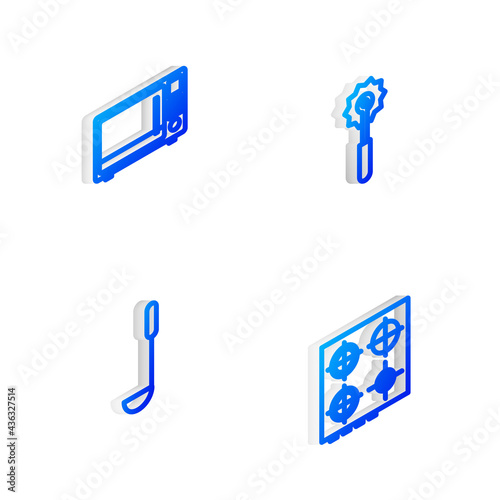 Set Isometric line Pizza knife, Microwave oven, Kitchen ladle and Gas stove icon. Vector