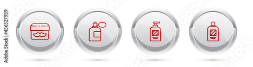 Set line Cream or lotion cosmetic jar, Aftershave bottle with atomizer, Bottle of shampoo and . Silver circle button. Vector