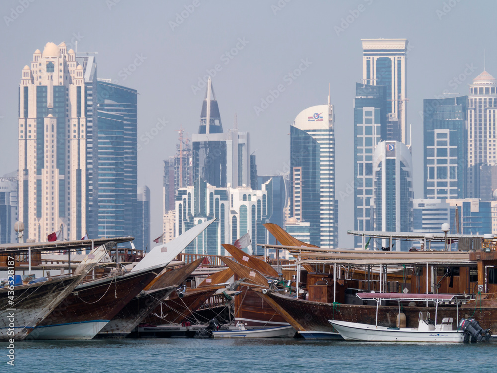 Dhows in front of Doha city skyline