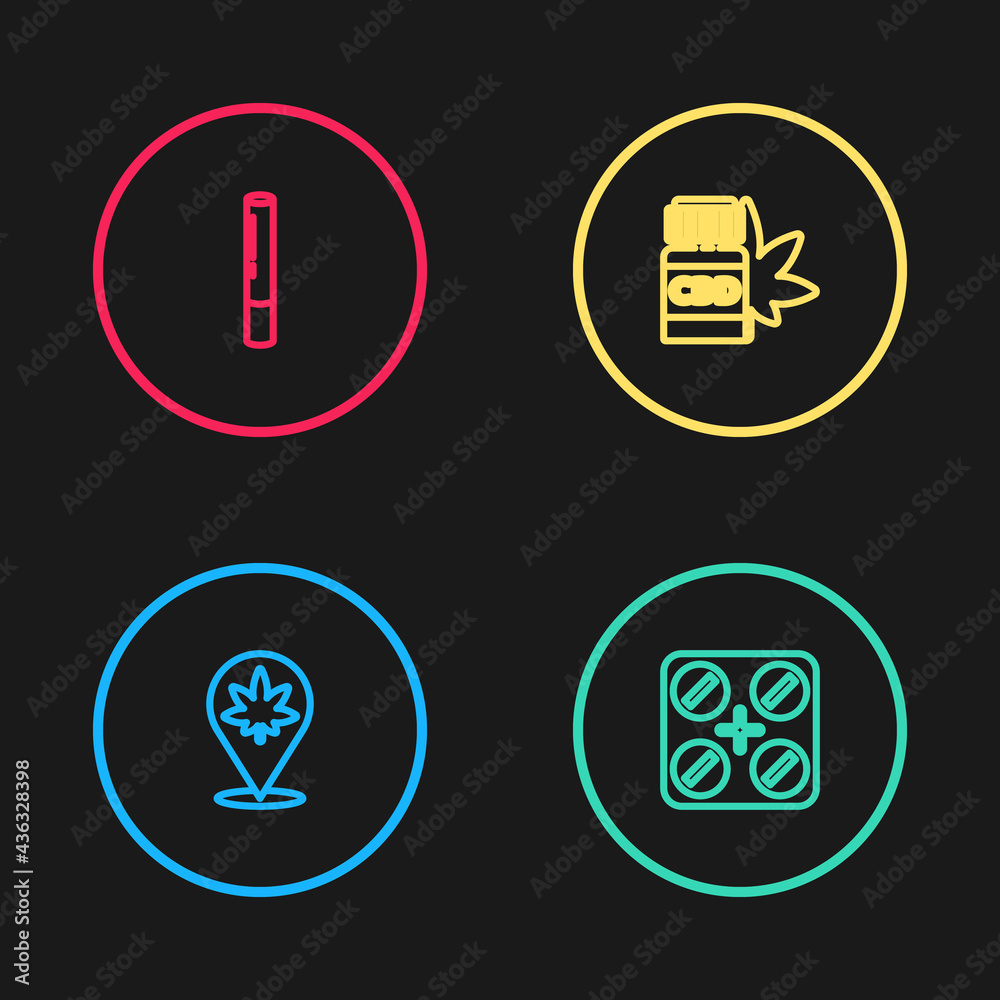 Set line Location and marijuana, Medical pills with, bottle and Marijuana joint icon. Vector Set line Location and marijuana, Medical pills with, bottle and Marijuana joint icon. Vector