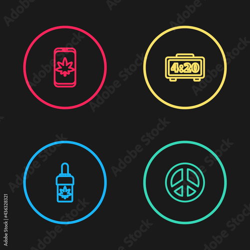 Set line Marijuana or cannabis olive oil, Peace, Digital alarm clock and Mobile and marijuana icon. Vector