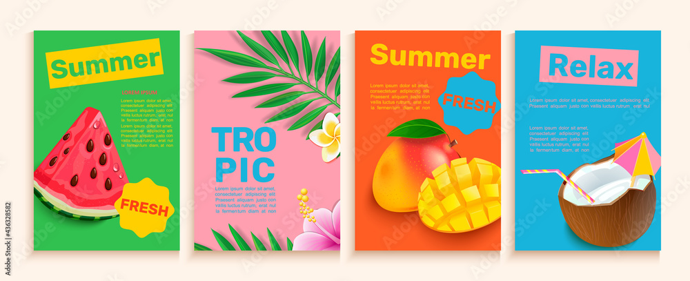 Set of summer flyers,cards with tropical themes ans fruits.Bright and gentle hot season banners and posters.Watermelon,coconut,mango and tropical leaves for advertise.Template for design,vector.