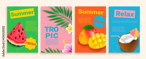 Set of summer flyers cards with tropical themes ans fruits.Bright and gentle hot season banners and posters.Watermelon coconut mango and tropical leaves for advertise.Template for design vector.