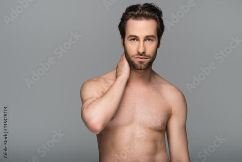 shirtless man posing while looking at camera isolated on grey.
