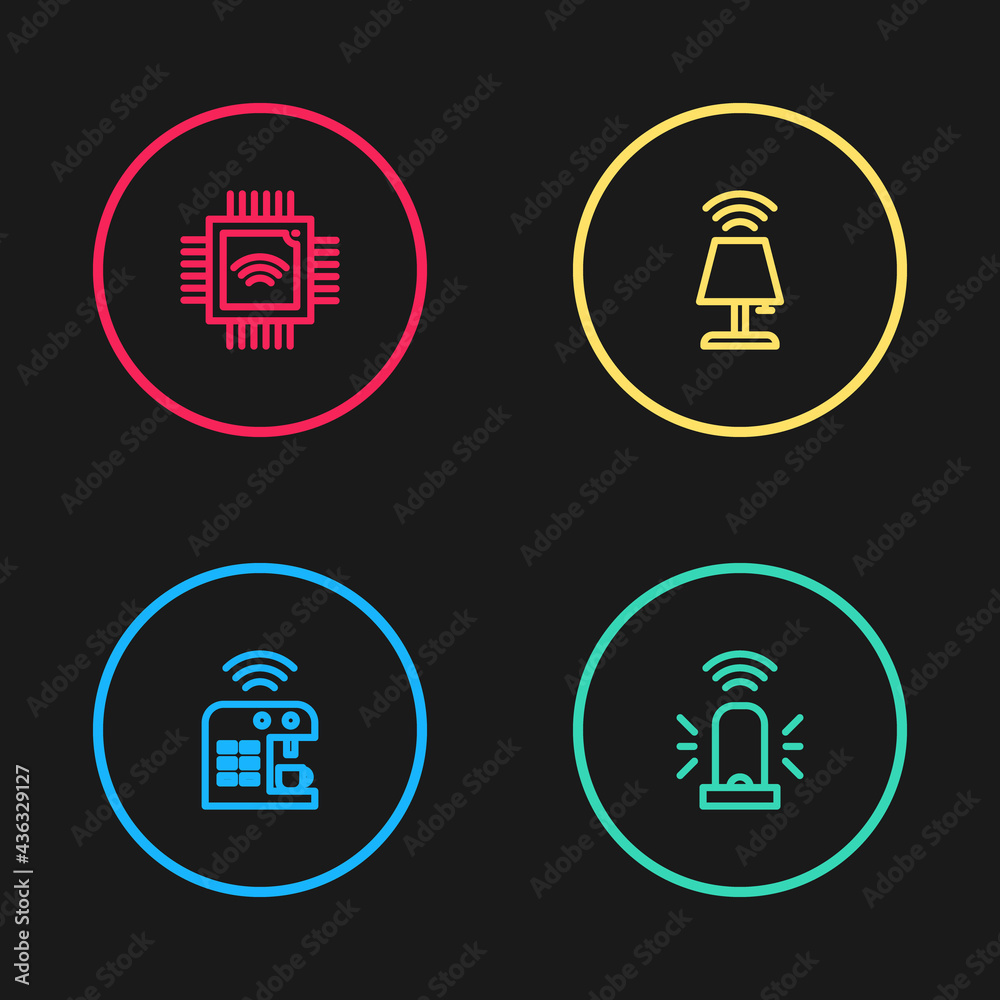 Set line Smart coffee machine, flasher siren, table lamp and Processor with microcircuits CPU icon. Vector Set line Smart coffee machine, flasher siren, table lamp and Processor with microcircuits CPU icon. Vector