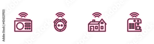 Set line Smart radio, home with wireless, Robot vacuum cleaner and coffee machine icon. Vector