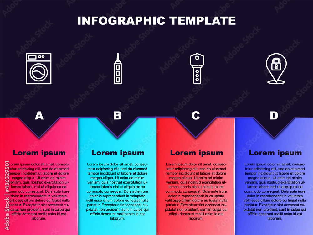 Set line Washer, Skyscraper, House key and Location lock. Business infographic template. Vector