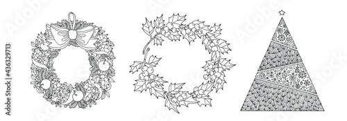 Christmas tree, wreath and holly berries border. Ribbons, pine tree, forest holly berry, apple fruit. Vector hand drawn line artwork. Winter Holiday concept. Coloring book page. Black and white