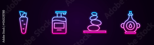 Photography Set line Carrot, Bottle of liquid soap, Stack hot stones and Oil bottle
