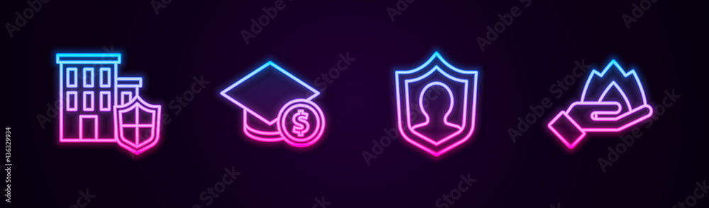 Set line House with shield, Graduation cap and coin, Life insurance and Hand holding fire. Glowing neon icon. Vector Set line House with shield, Graduation cap and coin, Life insurance and Hand holding fire. Glowing neon icon. Vector