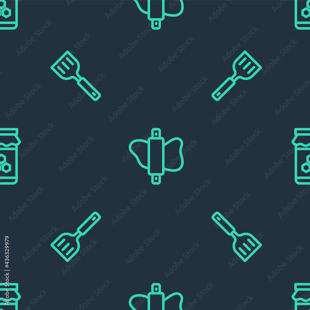 Set line Rolling pin on dough, Spatula and Jar of honey on seamless pattern. Vector Set line Rolling pin on dough, Spatula and Jar of honey on seamless pattern. Vector
