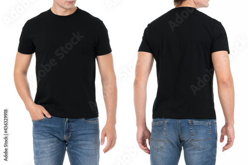 Black casual blank t shirt on man front and back view isolated on white background. Fashion design template