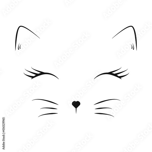 Adorable cat face. Black color on a white background. Vector illustration.