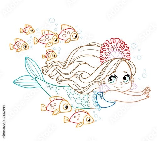 Cute little mermaid girl in coral tiara swims with a flock of fish colored outlined for coloring page on a white background