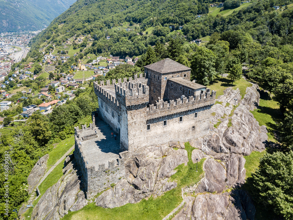 Aerial image of the medieval castle Castello Sasso Corbaro in the capital city of Canton Ticino, Bellinzona, Switzerland. Aerial image of the medieval castle Castello Sasso Corbaro in the capital city of Canton Ticino, Bellinzona, Switzerland.