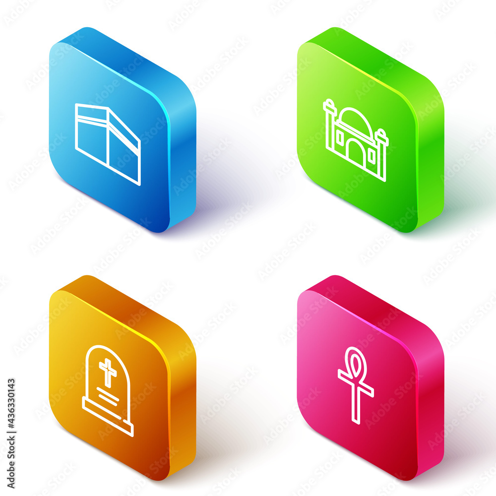Set Isometric line Kaaba mosque, Muslim Mosque, Tombstone with cross and Cross ankh icon. Vector Set Isometric line Kaaba mosque, Muslim Mosque, Tombstone with cross and Cross ankh icon. Vector