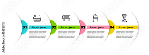 Set line Sauna bucket, wood bench, and hourglass. Business infographic template. Vector