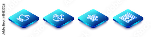 Set Isometric line Mortar and pestle, Essential oil bottle, Sauna bench with bucket and wooden bathhouse icon. Vector