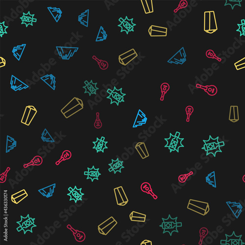 Set line Volcano eruption with lava, Tabasco sauce, Burrito and Mexican guitar on seamless pattern. Vector