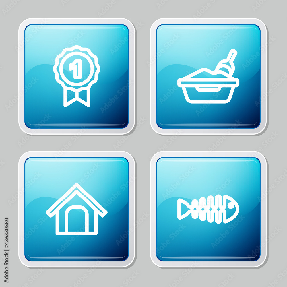 Set line Dog award symbol, Cat litter tray with shovel, house and Fish skeleton icon. Vector Set line Dog award symbol, Cat litter tray with shovel, house and Fish skeleton icon. Vector