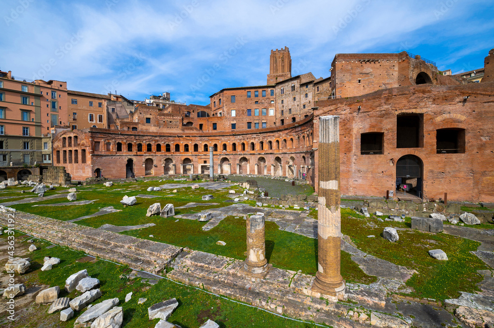 View of the Trajans Markets Rome, an extensive complex of Roman buildings on the slopes of the Quirinal hill. The semicircular shape of the exedra is articulated on six levels. Remains of columns. 