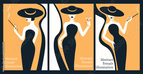 collection of abstract illustrations of fashion stylized woman in hat and long dress in black dress on gold yellow background