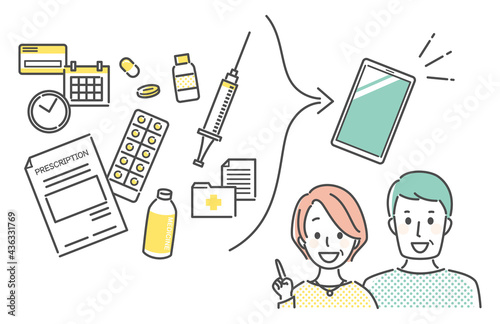 illustration of hospital and smart phone app.