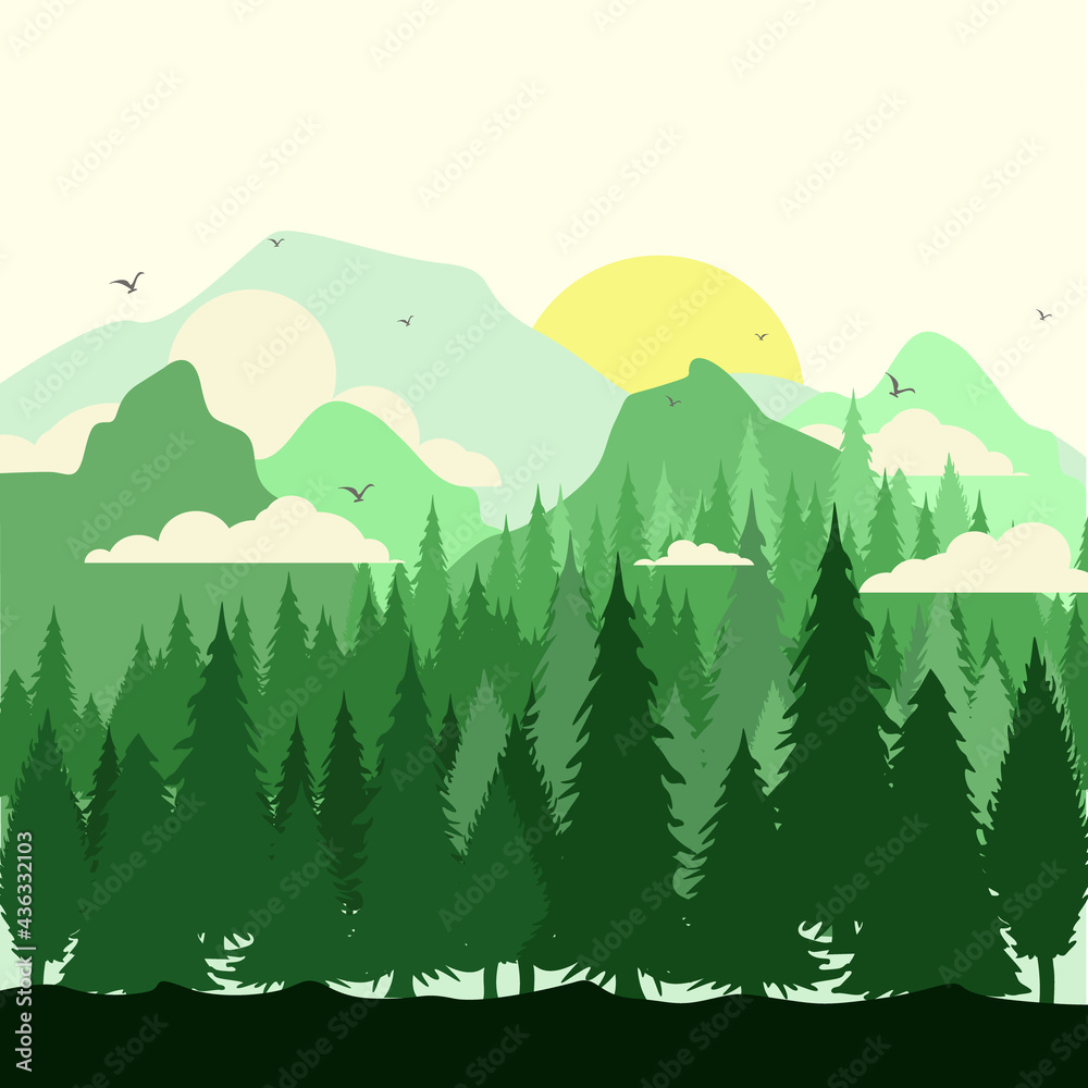 Silhouette Background Illustration of Green Tropical Forest and Mountains