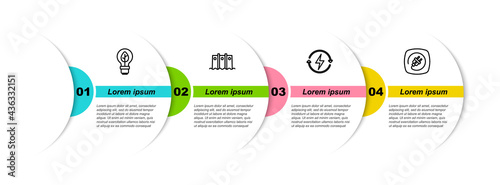 Set line Light bulb with leaf, Hydroelectric dam, Recharging and Electric plug. Business infographic template. Vector