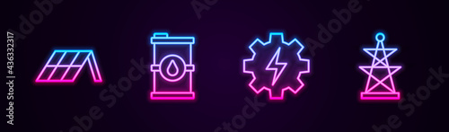 Set line Solar energy panel, Bio fuel barrel, Gear and lightning and Electric tower. Glowing neon icon. Vector