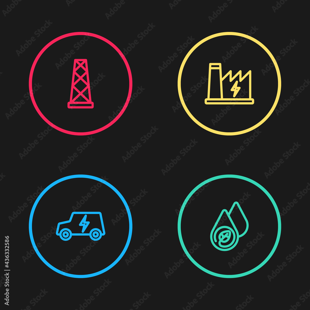 Set line Electric car, Water energy, Nuclear power plant and Antenna icon. Vector