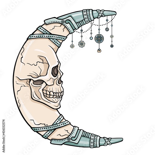 The fantastic moon in the form of a human skull. Iron jewelry. Esoteric symbol, boho design. The linear color drawing isolated on a white background. Vector illustration.