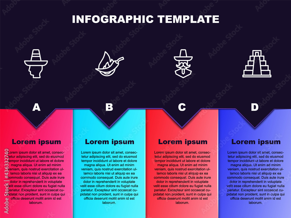 Set line Mexican man sombrero, Hot chili pepper pod, and Chichen Itza in Mayan. Business infographic template. Vector Set line Mexican man sombrero, Hot chili pepper pod, and Chichen Itza in Mayan. Business infographic template. Vector