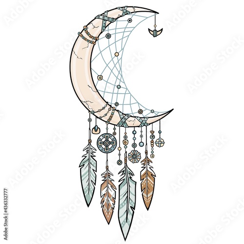 Native American Indian talisman dreamcatcher with feathers. Magic horn a crescent. Ethnic design, boho chic, tribal symbol. Vector illustration isolated on a white background.