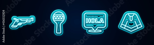 Set line Vintage pistols, Maracas, Hola and Poncho. Glowing neon icon. Vector