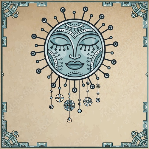 Fantastic image of the sun. Metal amulet. Background - a frame from iron elements, imitation of old paper. Vector illustration.