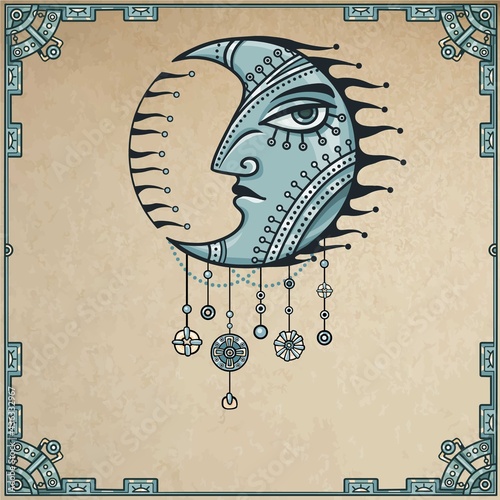 The fantastic image of the moon with a human face. Metal amulet. Esoteric symbol, boho design. Background - a frame from iron elements, imitation of old paper. Vector illustration.