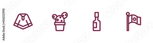 Set line Poncho, Tabasco sauce, Cactus or succulent in pot and Mexico flag icon. Vector