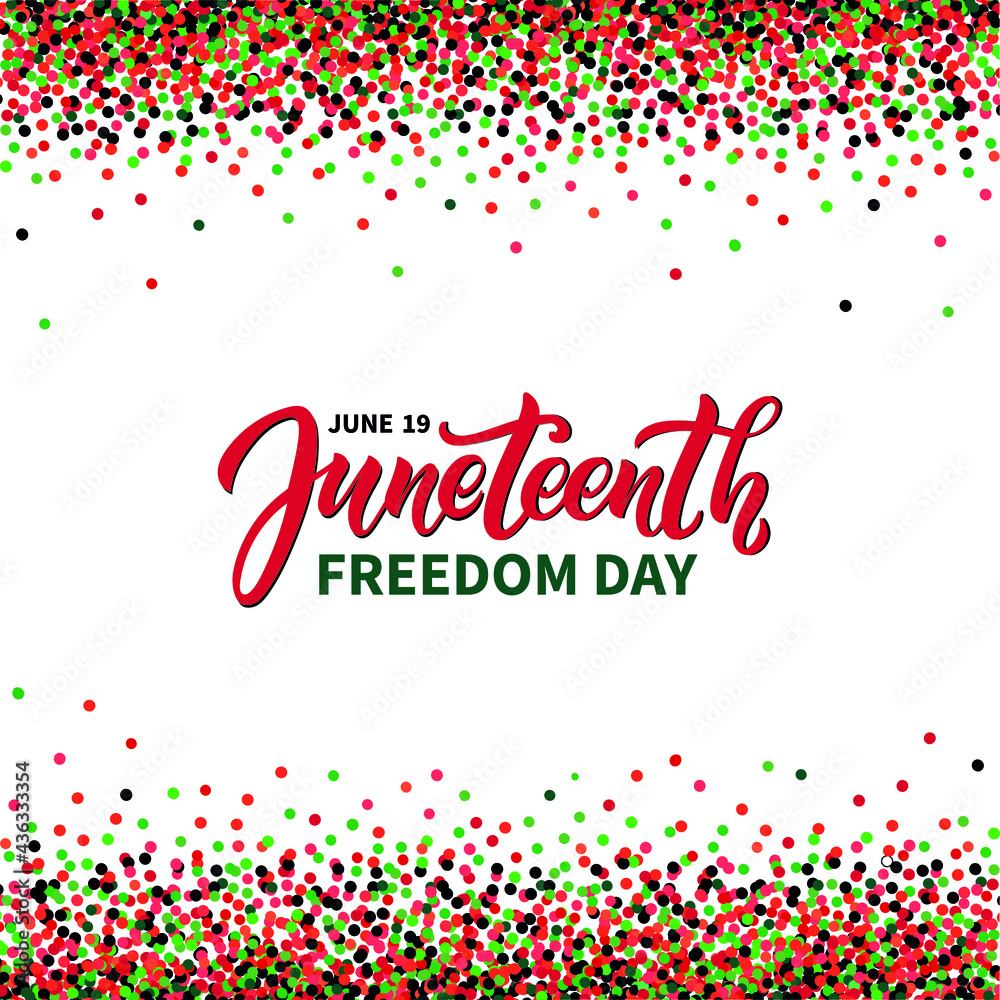 Juneteenth freedom day handwritten text with colorful confetti (red, green, black) background. Hand lettering, modern brush calligraphy. Vector logo illustration for annual American holiday on June 19 Juneteenth freedom day handwritten text with colorful confetti (red, green, black) background. Hand lettering, modern brush calligraphy. Vector logo illustration for annual American holiday on June 19