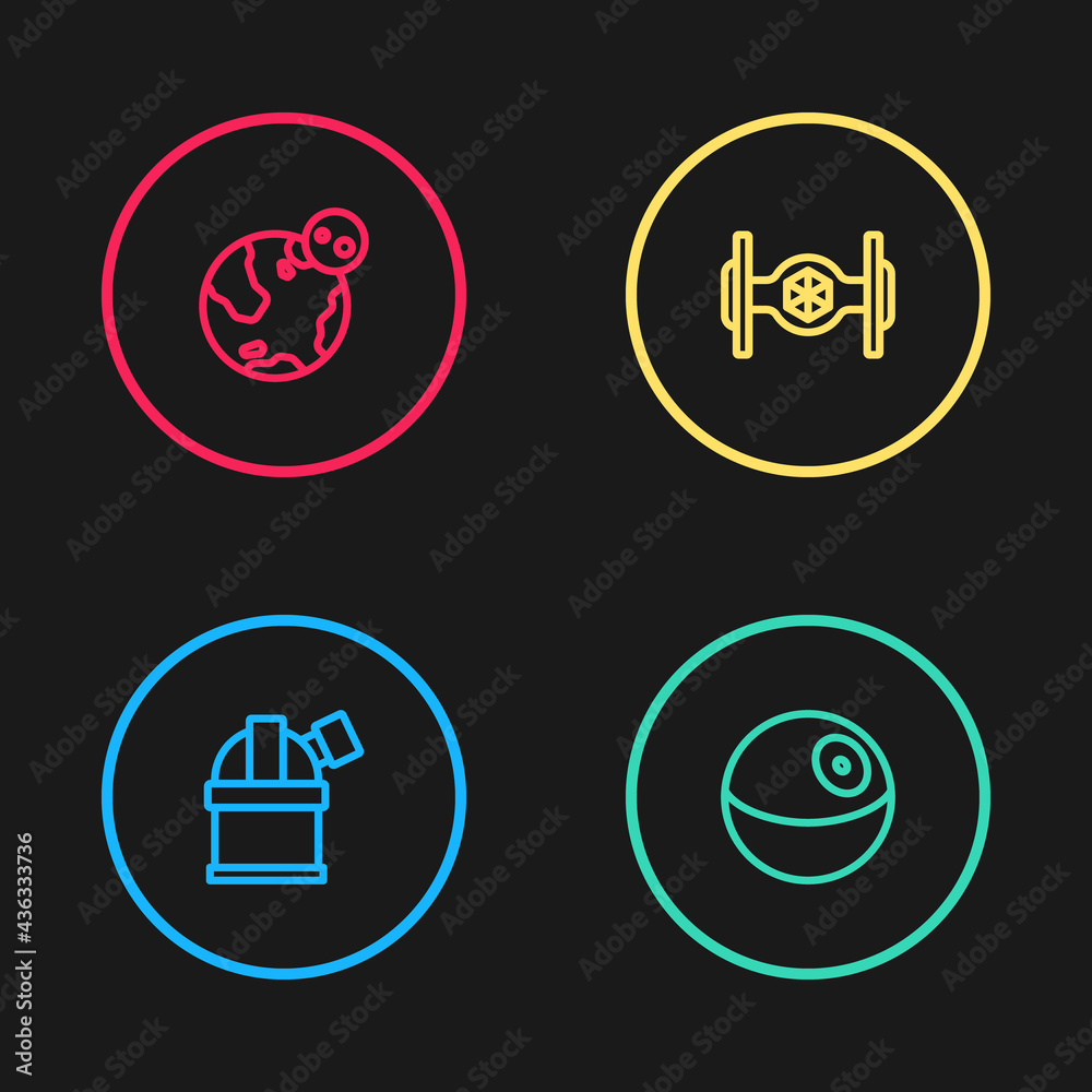 Set line Astronomical observatory, Planet, Cosmic ship and Earth globe icon. Vector Set line Astronomical observatory, Planet, Cosmic ship and Earth globe icon. Vector