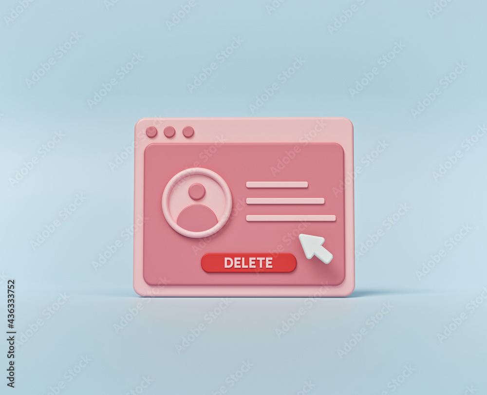 minimal web page isolated. Concept of delete profile, account deactivation, remove page data. 3d rendering minimal web page isolated. Concept of delete profile, account deactivation, remove page data. 3d rendering