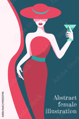 abstract illustration of fashion stylized woman in hat and long pink dress with green elements 